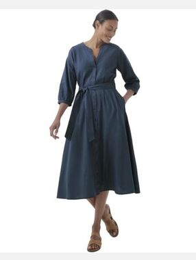 Pact Sunset Dress Navy Blue Midi Dress with Waist Tie Organic Cotton Medium